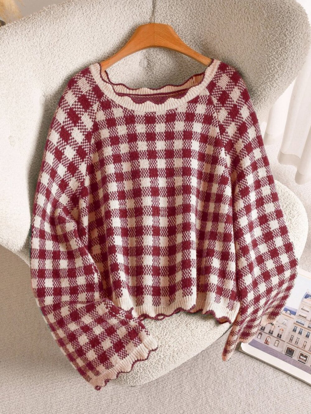 Burgundy Casual Women's Plus Size Plaid Sweater